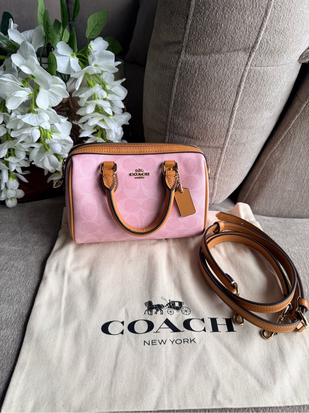 Coach Powder Pink Mini Rowan Satchel with Tan Trim - Crossbody Strap Included